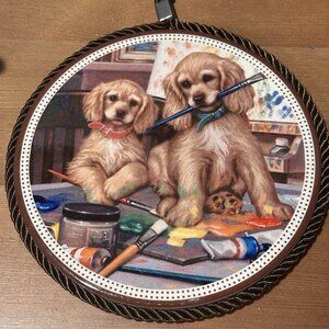 Decorative Ceramic Trivet Wall Hanging Puppies Painting Art 6.75" Rope Frame